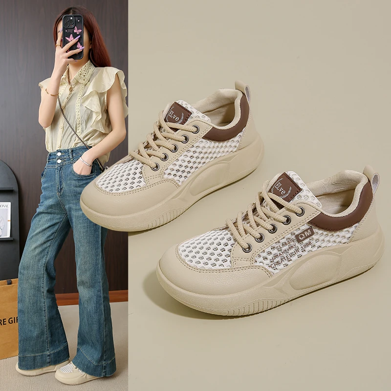 网面透气运动鞋女款2025新款超火夏季镂空单网休闲鞋平底网鞋板鞋