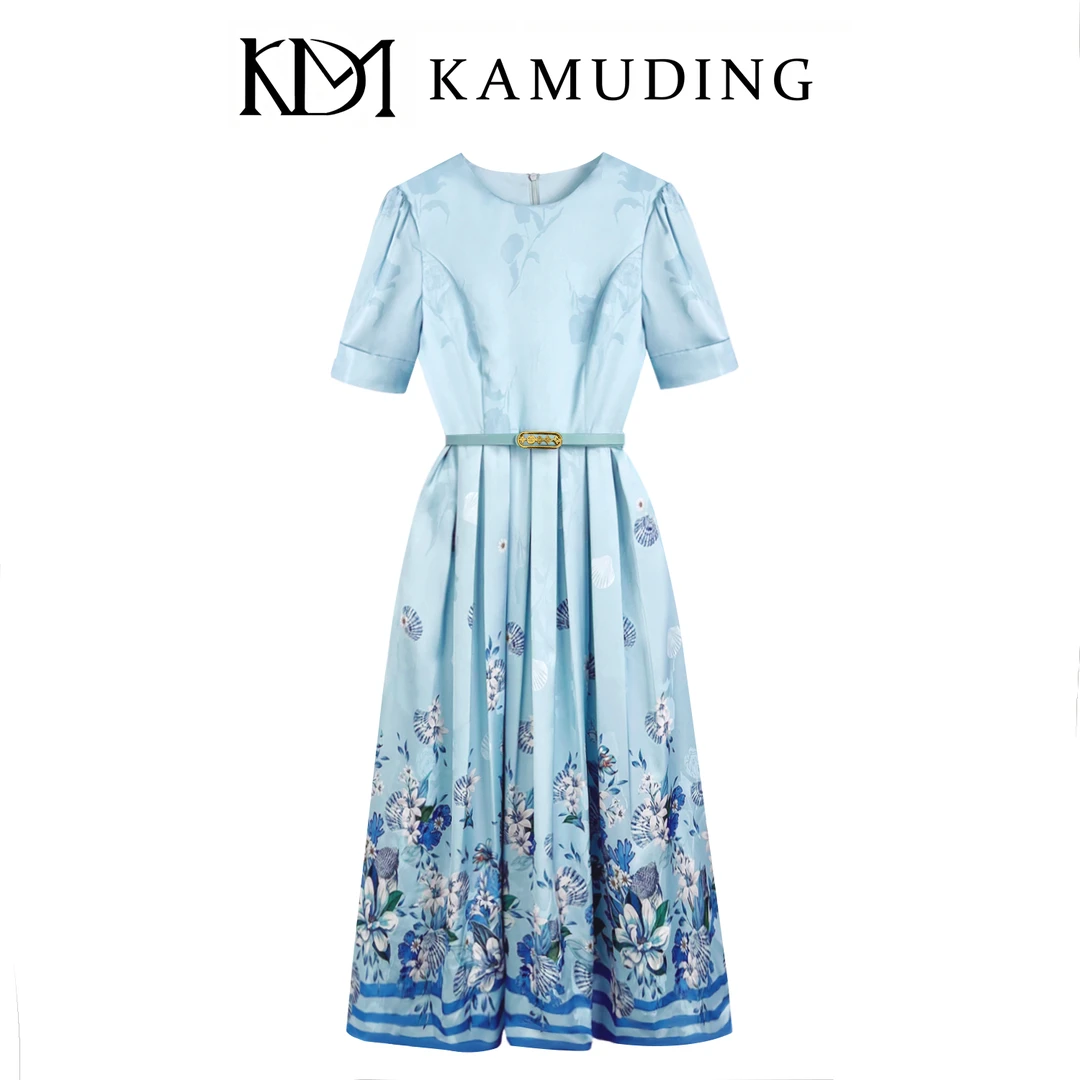 KAMUDING2025新款法式高端精致气质收腰印花连衣裙8551