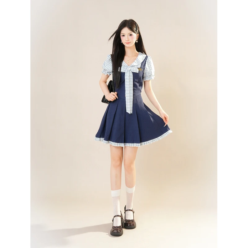 苍蓝篇章学院风甜美假两件格纹撞色连衣裙女2025夏季新款收腰短裙