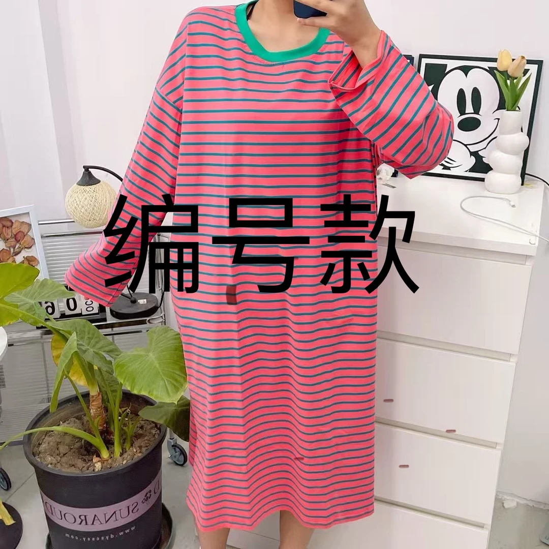 3编号中长款圆领长袖休闲条纹睡裙