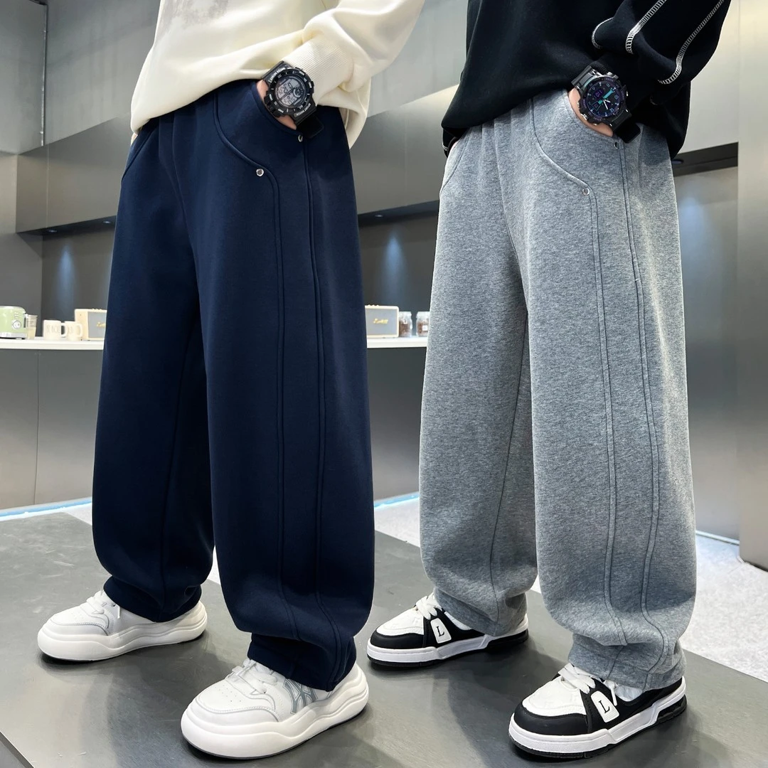 男童加绒裤子秋冬款儿童加厚运动裤2025新款大童弯刀裤男孩阔腿裤