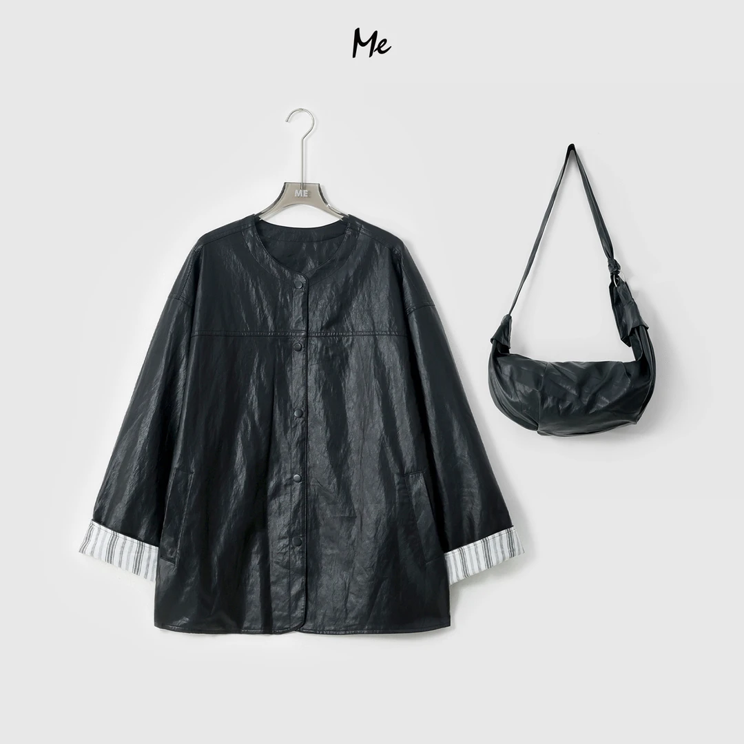 ME【杜维埃（含包）】黑色 光感肌理奢牌感时尚一手长外套MESA0163