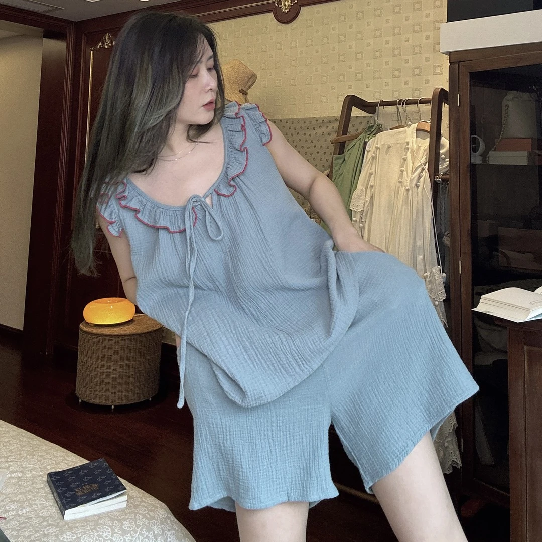 【甜美花边少女】棉纱睡衣女2025春夏季新款宽松无袖短裤家居服套装