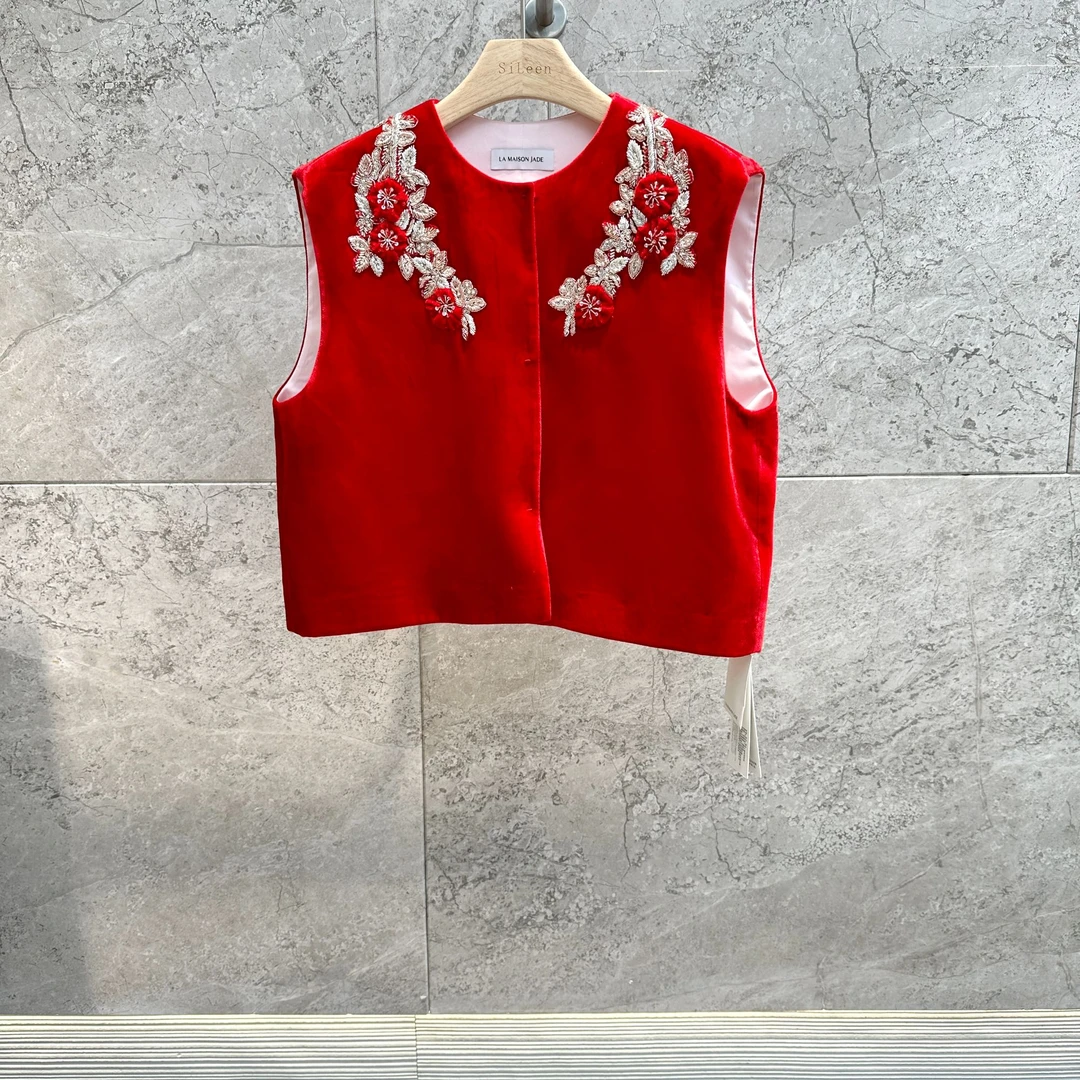 【LA MAISON JADE】设计师品牌24冬新品新中式红色马甲J25S3123