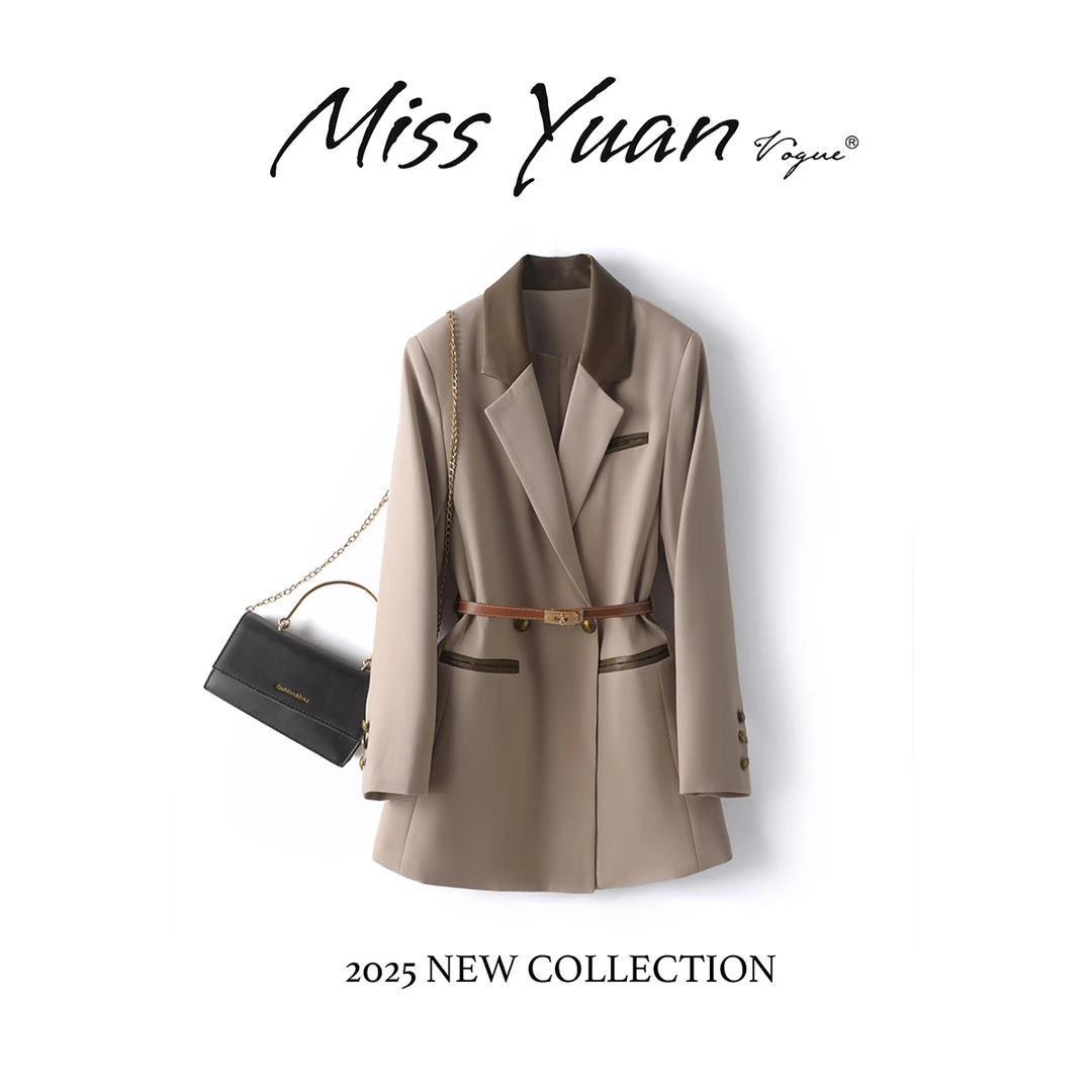 M.Y媛总 高级感西装外套女春季拼接pu皮腰带显瘦西服上衣【送腰带】