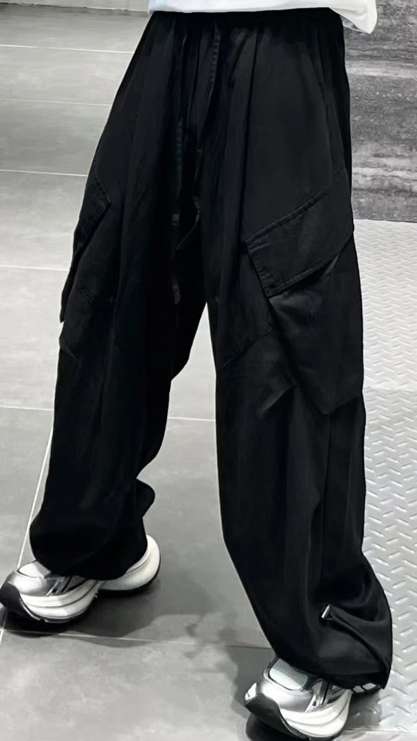 春夏森系冰丝长裤工装裤运动口袋褶皱宽松休闲裤