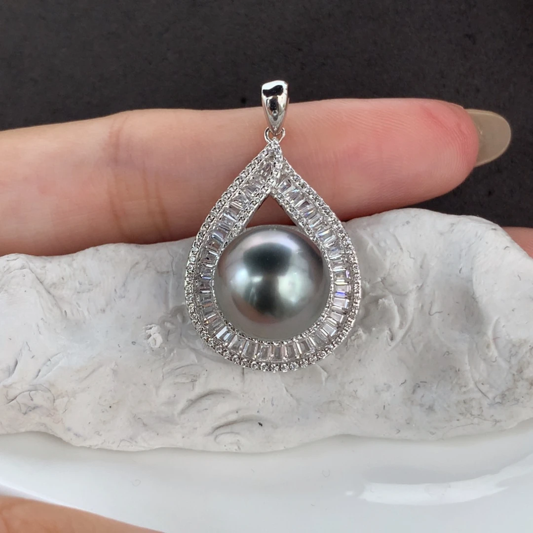 定制海水珍珠银S925镶嵌吊坠(赠链)大溪地铂金灰11-12mm