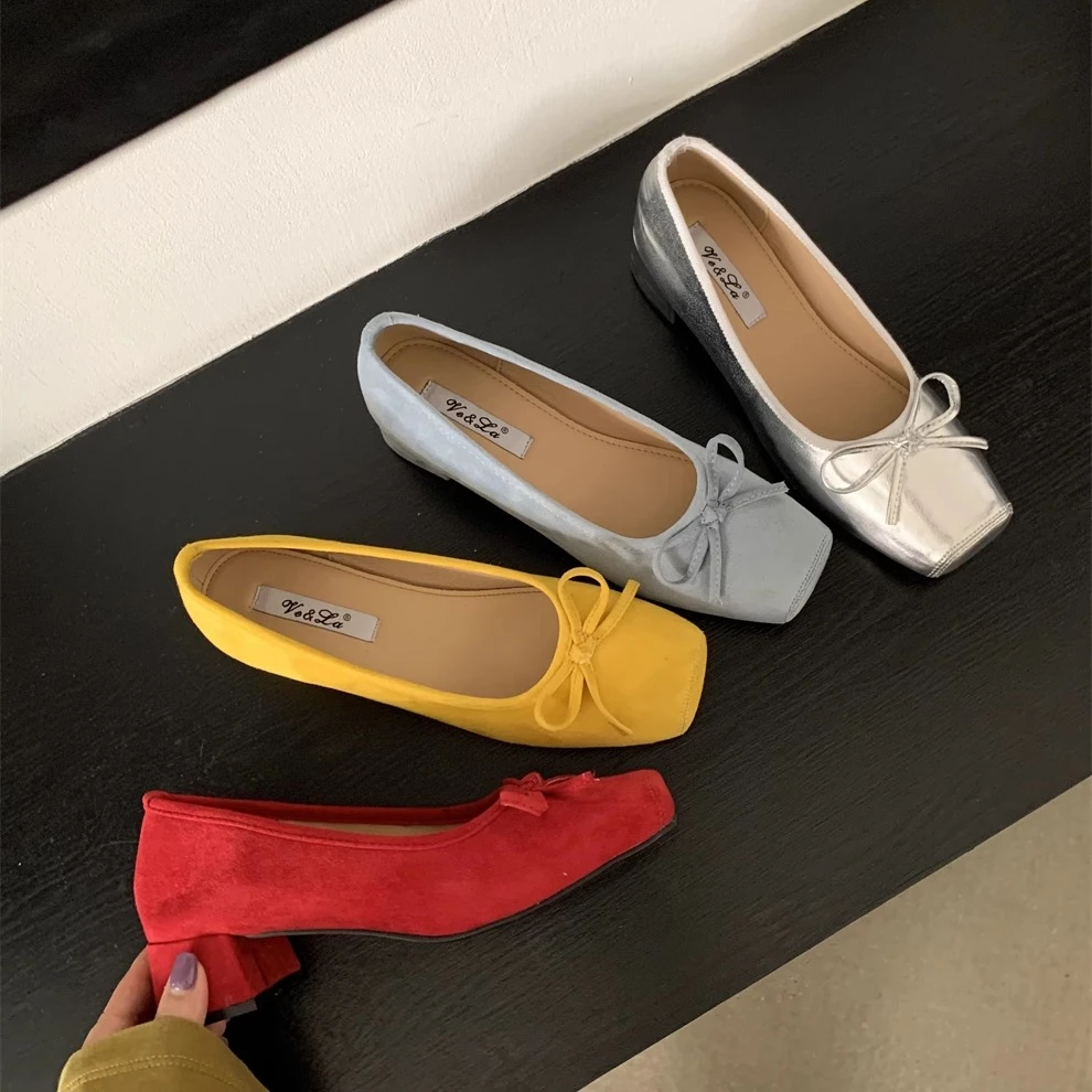 春夏黄色方头单鞋粗跟高跟鞋2025新款法式温柔蝴蝶结女鞋浅口鞋