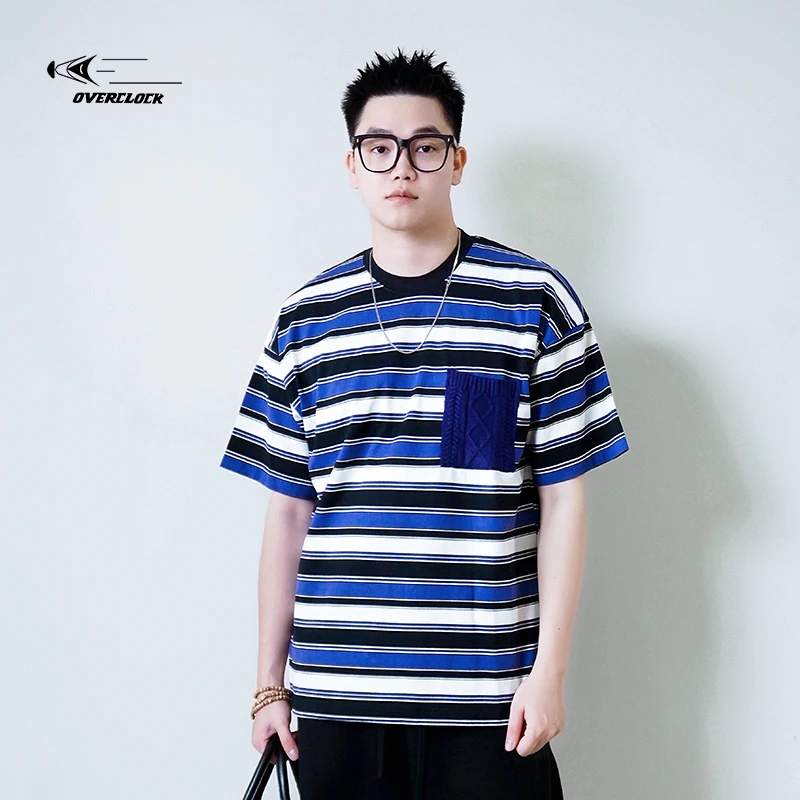OVERCLOCK25潮流纯棉条纹圆领休闲夏季短袖T恤半袖宽松上衣男生