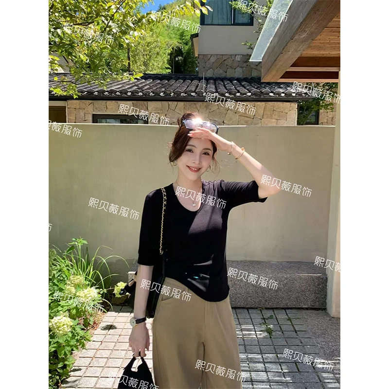 熙贝薇5【u领锁骨t】欧货纯色四分袖时尚百搭中袖打底上衣t恤 G5097