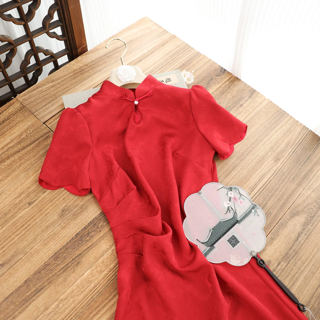 俏娘鱼2025夏季新款素雅淑女范红色新中式改良短袖旗袍女日常可穿