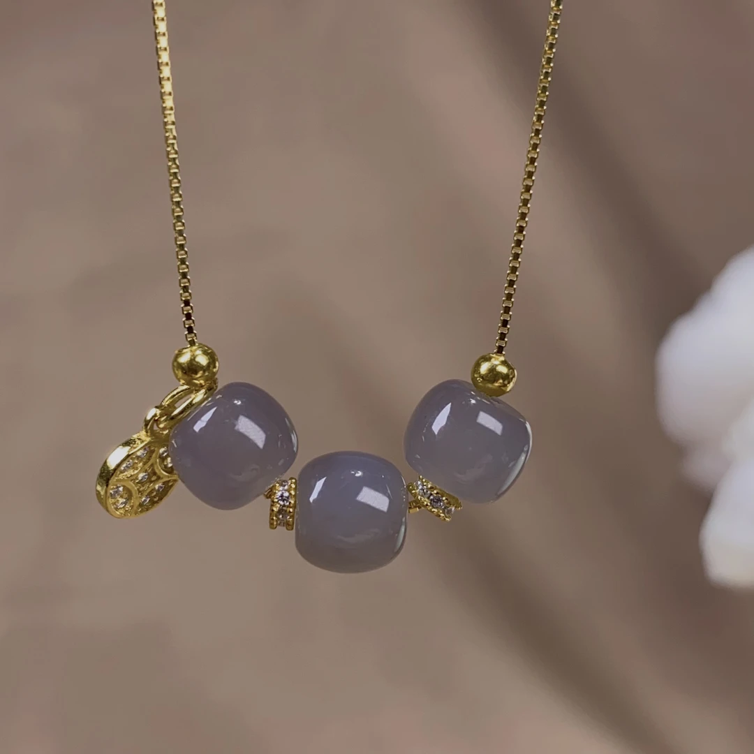 天然和田玉青海料精品冰烟紫7mm微笑链925银项链时尚锁骨链@0022