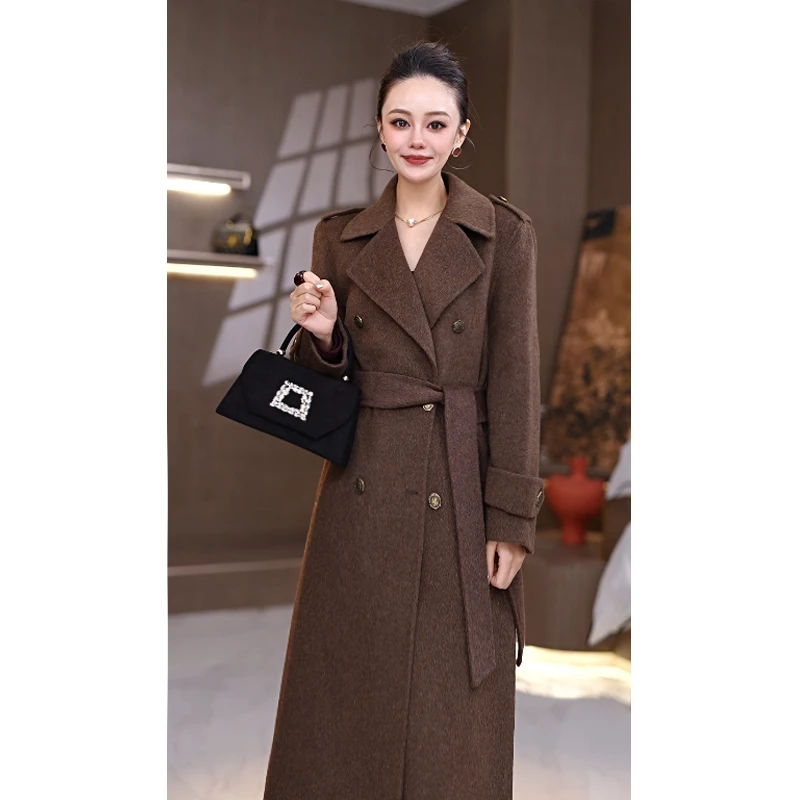 2025气质时尚翻领双排扣收腰显瘦毛呢外套中长款