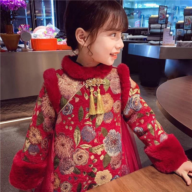 巴拉开门红女童中国风旗袍裙加绒连衣裙冬装2026新款洋气儿童古风