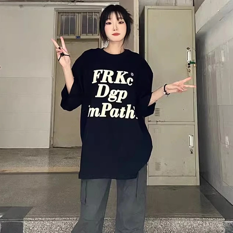 黑色正肩字母短袖T恤女2025夏季宽松oversize百搭小众上衣港味ins