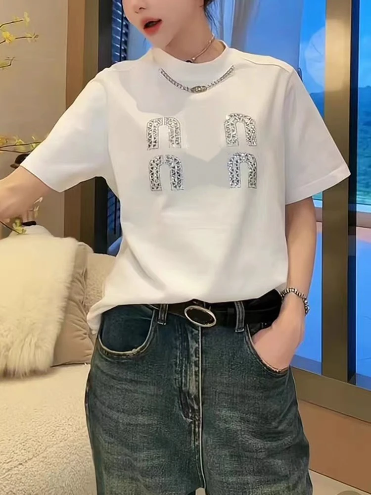 【2372】ED#重工烫钻带链条短袖上衣