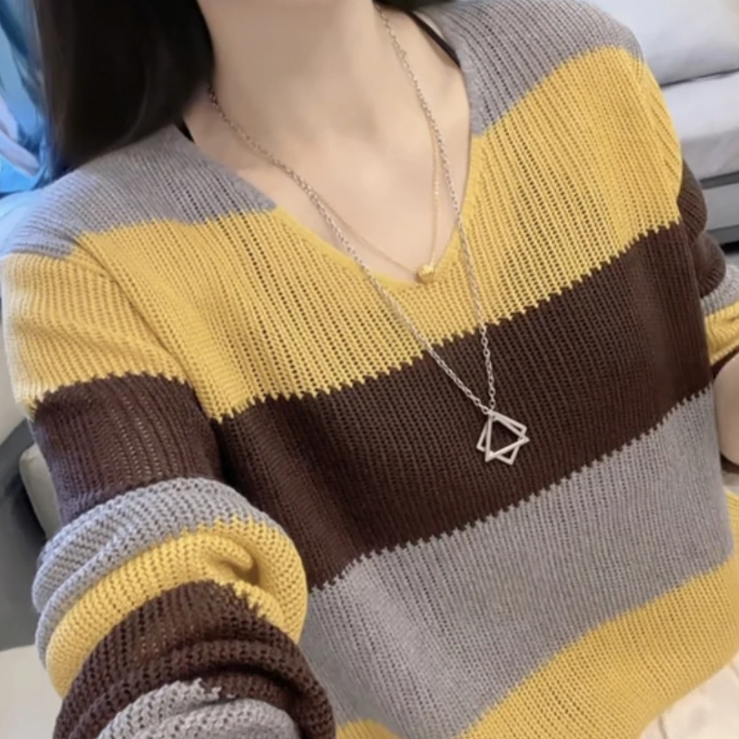 6809女洋气套纹打底衫拼色针织长袖V领秋季毛针织衫