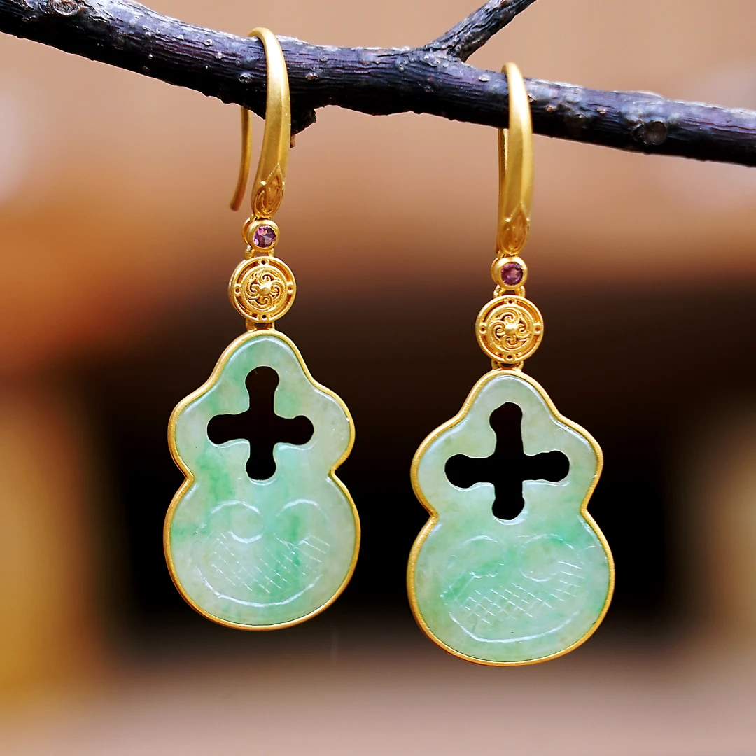 【大吉成双】清 冰种黄加绿翡翠大吉耳环18K金镶设计福禄耳环