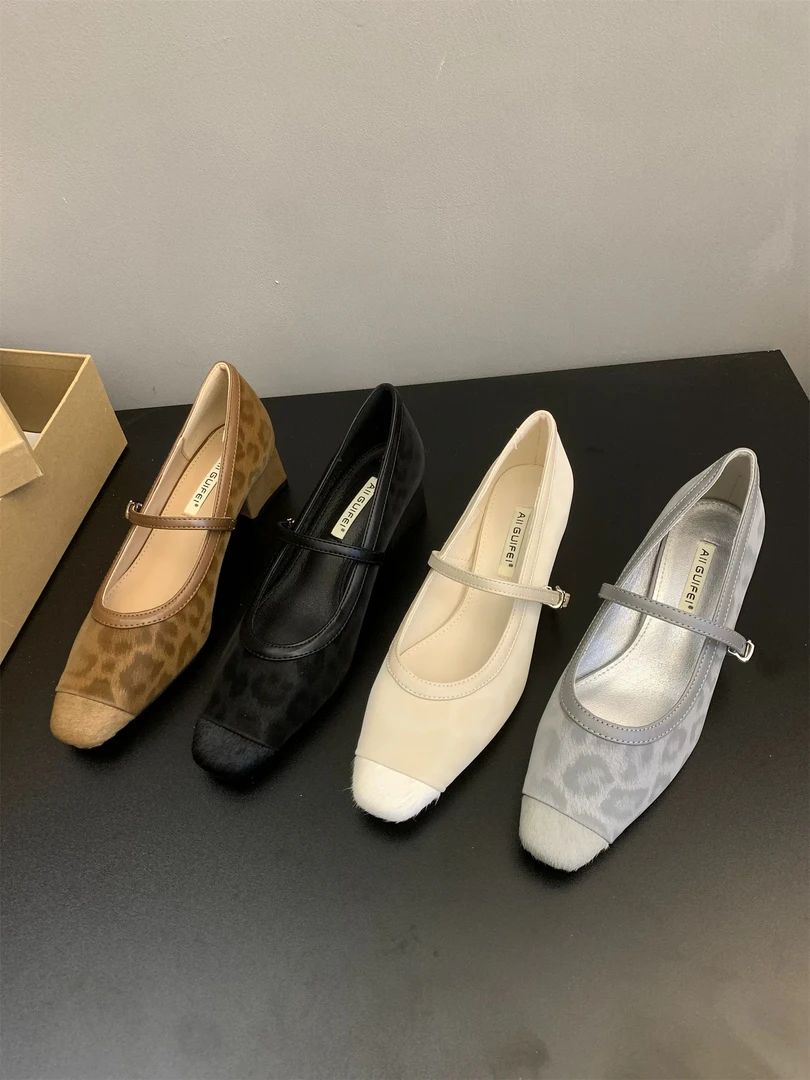 粗跟单鞋女2025春秋新款方头浅口玛丽珍法式一字扣带女鞋高跟鞋子