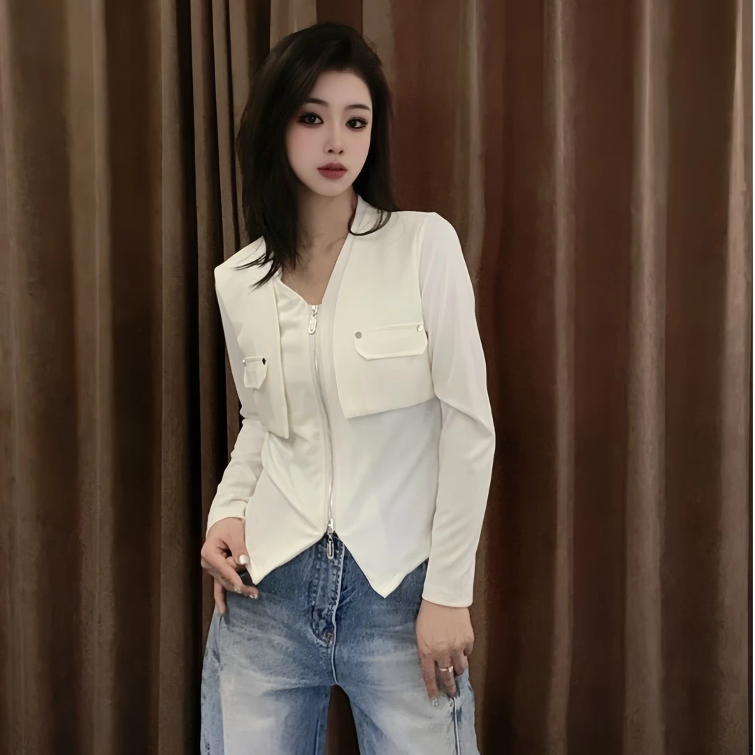 欧货双拉链马甲假两件打底女2025春季新款洋气百搭高级感短款上衣