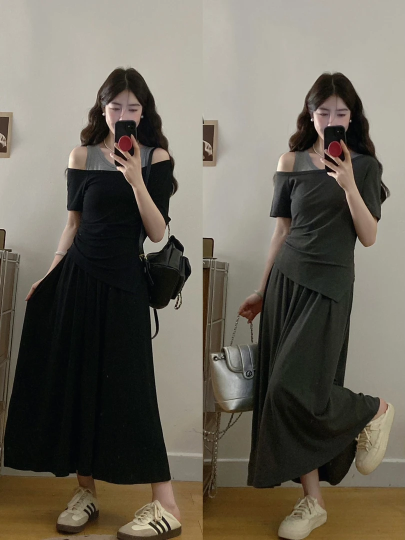 MO88ZSPF短袖T恤背心连衣裙两件套女长裙收腰显瘦套装裙子