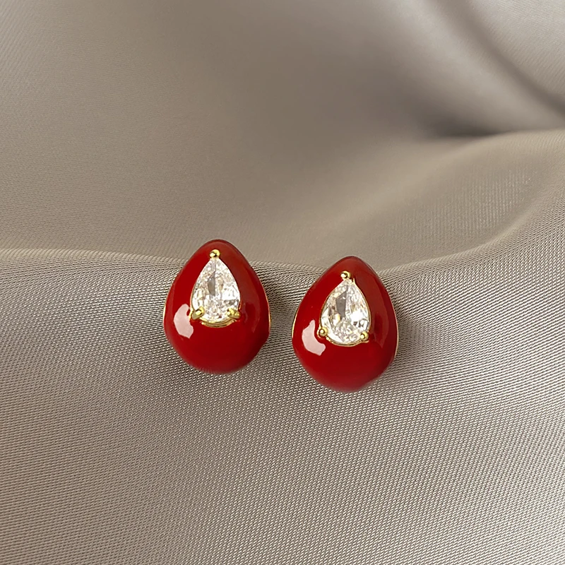 925银针 R040红色镶钻新年耳钉轻奢小众高级感气质精致款耳饰