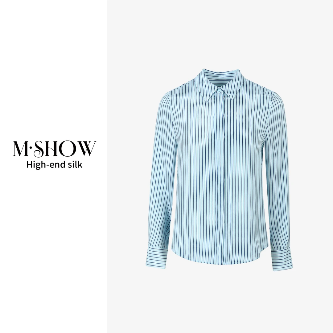 【100%桑蚕丝】32姆米重绉显瘦条纹时尚女士长袖真丝衬衫8778C