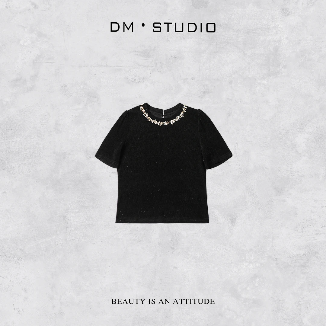 DEDM-DM•STUDIO/小众百搭醋酸重工串珠圆领短袖上衣T恤（88388）