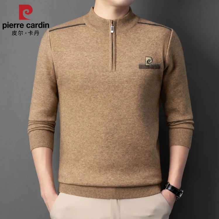 专柜皮尔卡丹男士冬季半高领加厚拉链针织中年男装羊毛打底毛衣