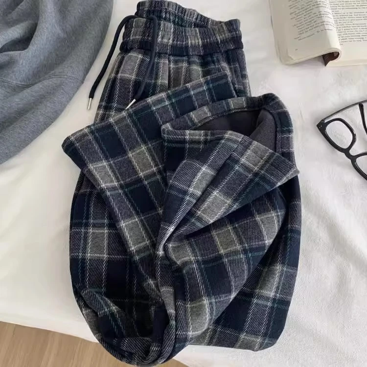 儿童裤子秋冬韩版女童加绒格子裤初中生加绒宽松阔腿裤加绒直筒裤