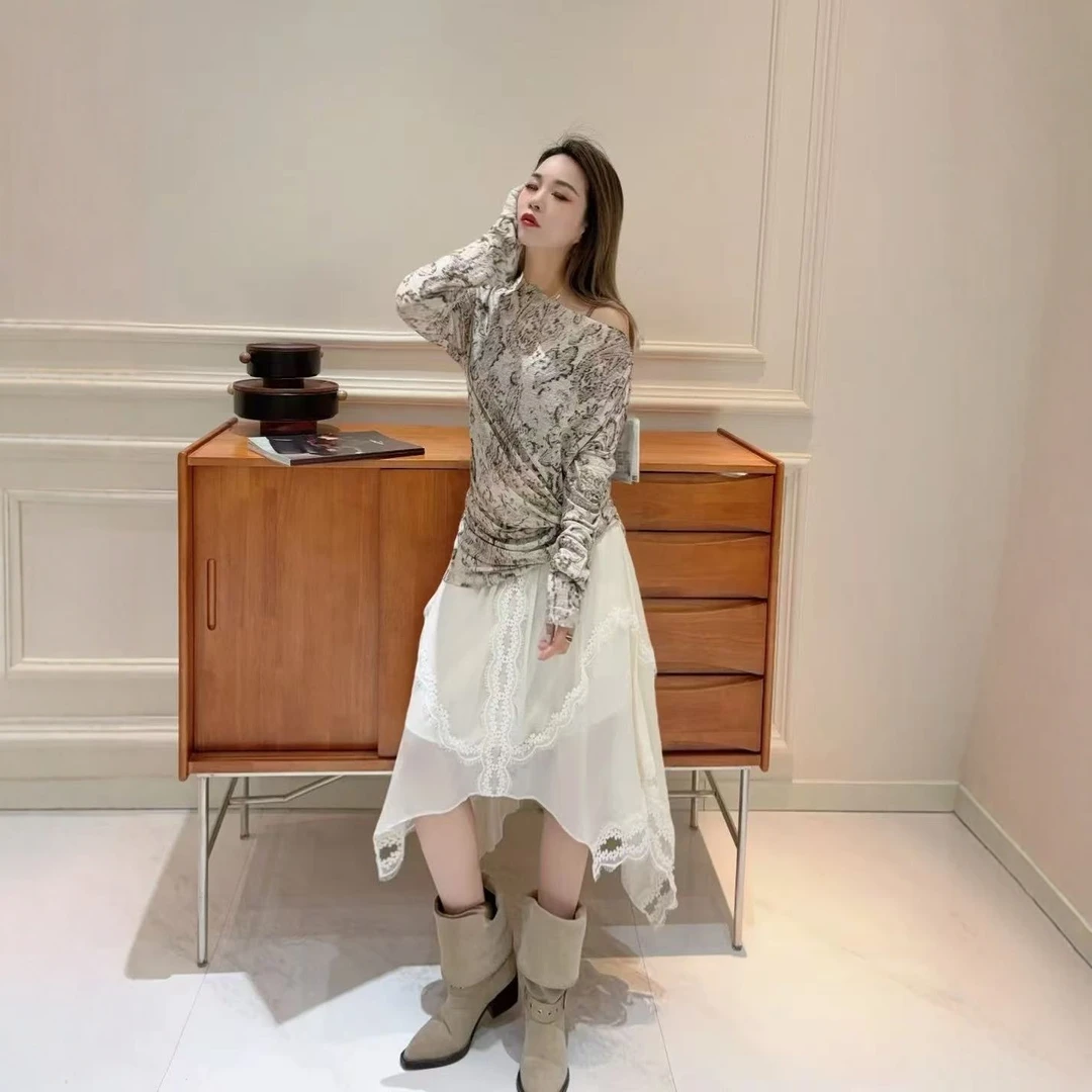 现货2025秋女装禅意仙气飘飘刺绣拼接蕾丝不规则短裙半身裙