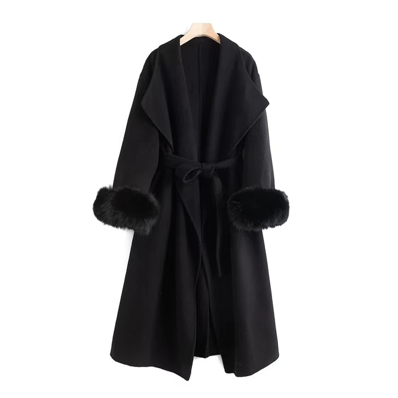 秋冬新款羊毛时尚袖口狐狸毛双面设计师气质翻领冬季轻奢毛呢