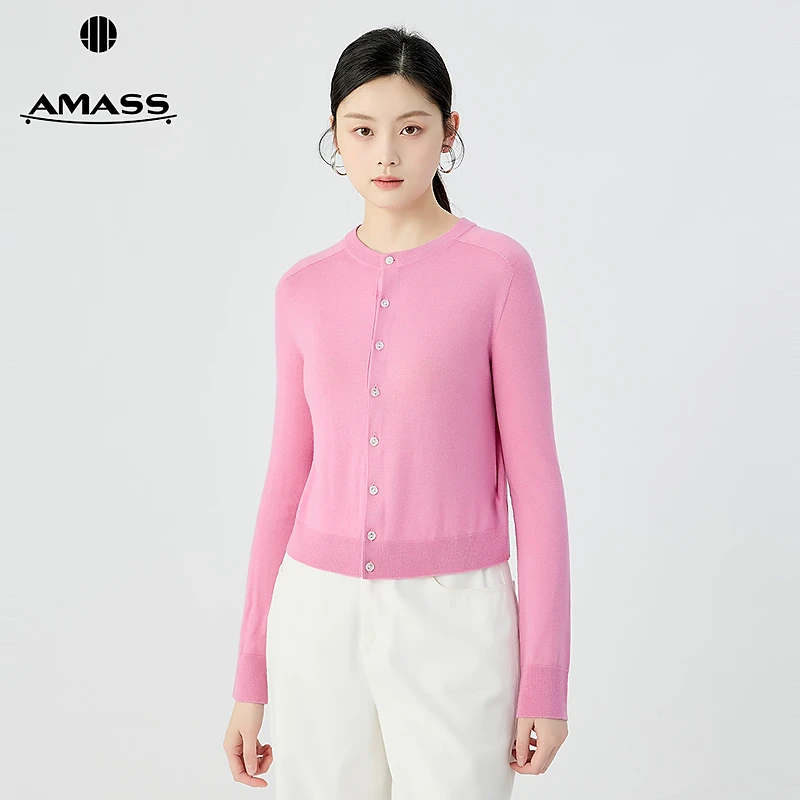 阿玛施AMASS新款活力浪漫金银丝罗纹边饰长袖针织开衫548022