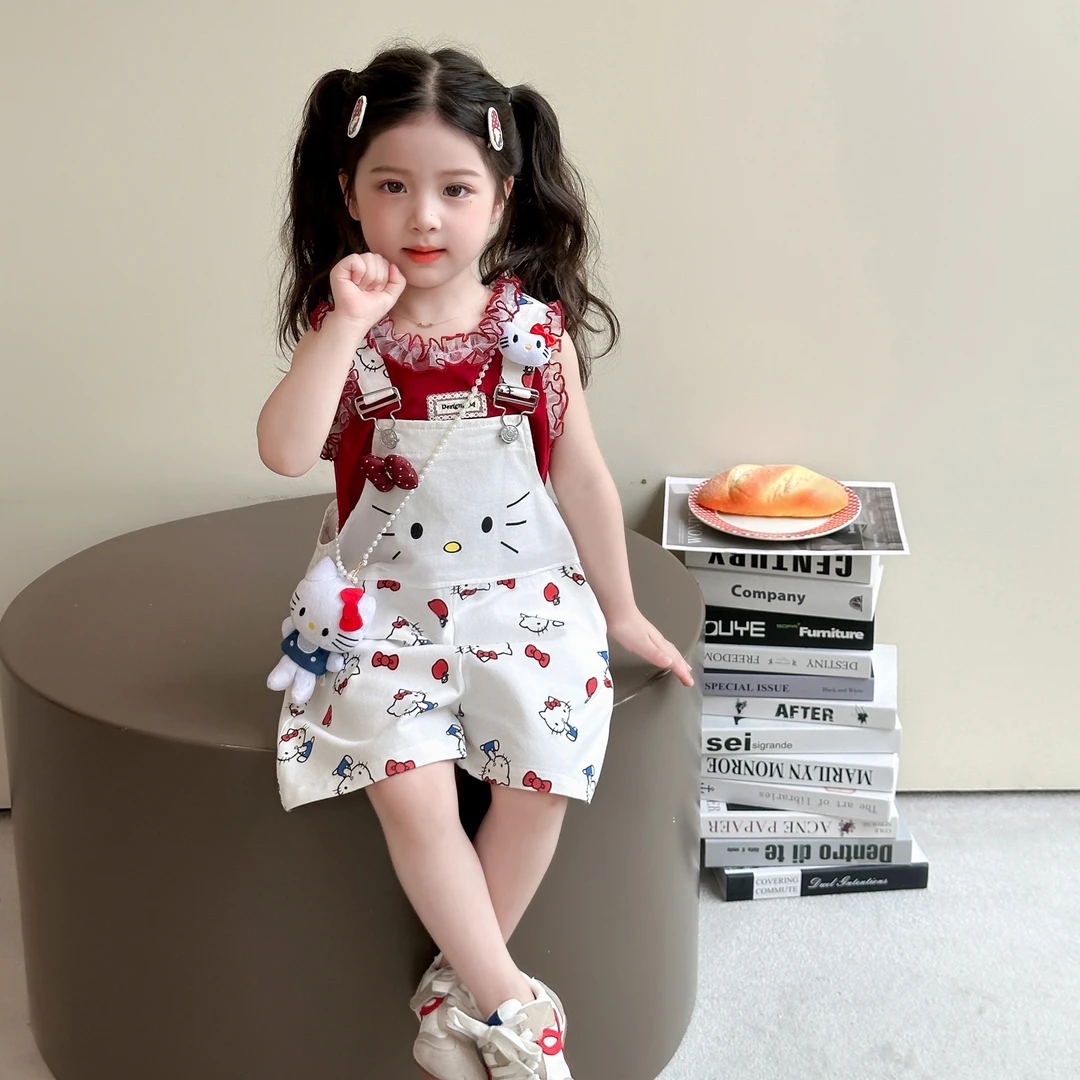 女童夏季套装2025新款背心儿童kt猫背带裤洋气女宝连体短裤两件套