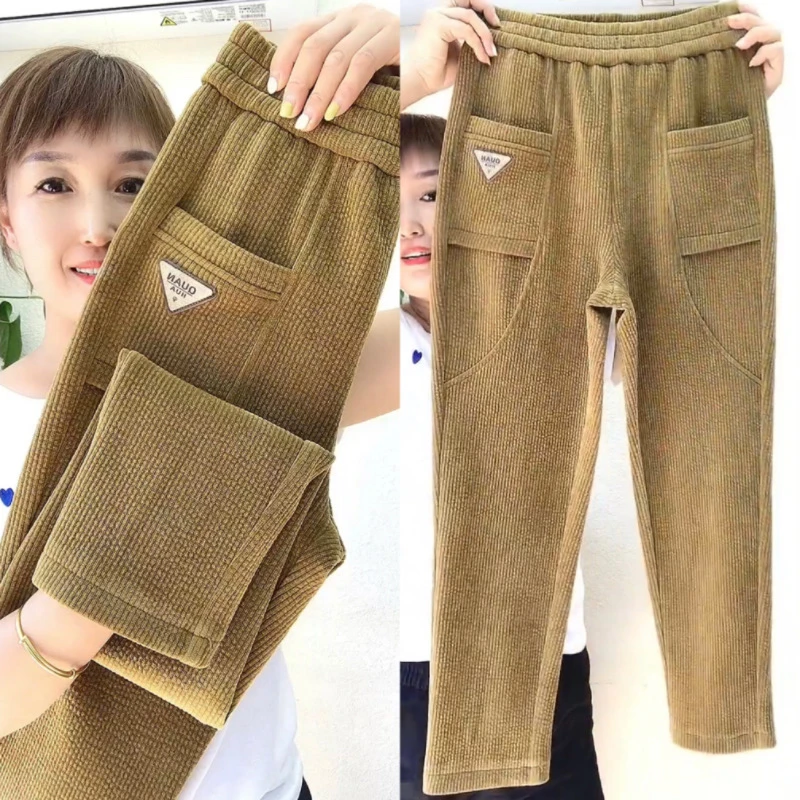 女士秋冬高腰加厚显瘦百搭纯色灯芯绒休闲长裤