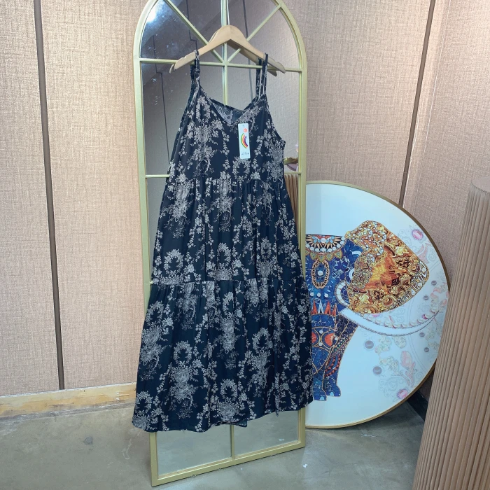 CR127孕妇黑色碎花吊带裙M90-120 L130 XL140 2XL150