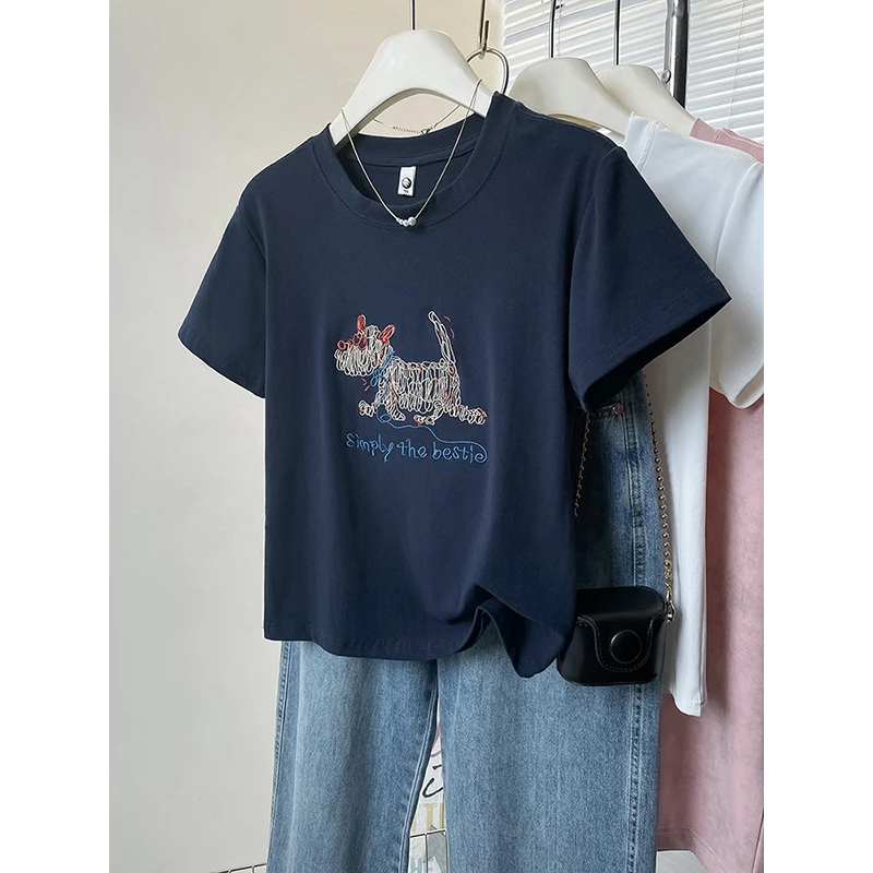 2025新款夏季黑色修身短袖上衣女设计感刺绣小狗正肩显瘦半袖t恤