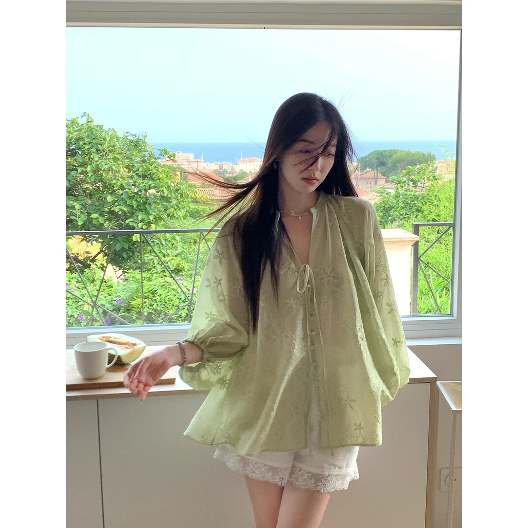 夏诗文 莱赛尔天丝羊毛重工绣花衬衫系带设计女上衣
