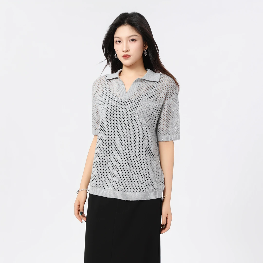 AMASS/阿玛施新款镂空百搭短袖T恤气质设计款简约Polo衫女538008