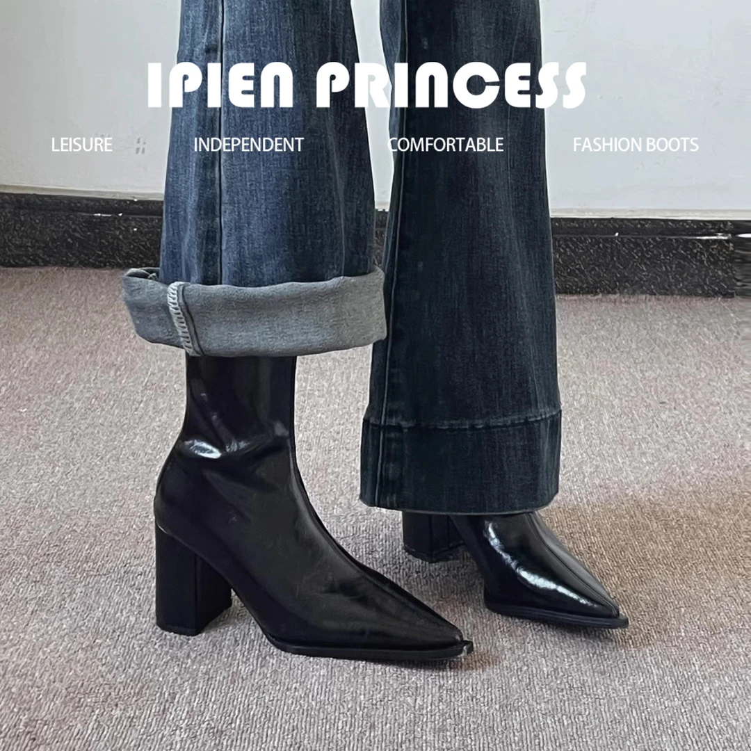 尖头短靴女2025年秋冬马丁靴新款女靴高跟弹力瘦瘦靴粗跟靴法式子