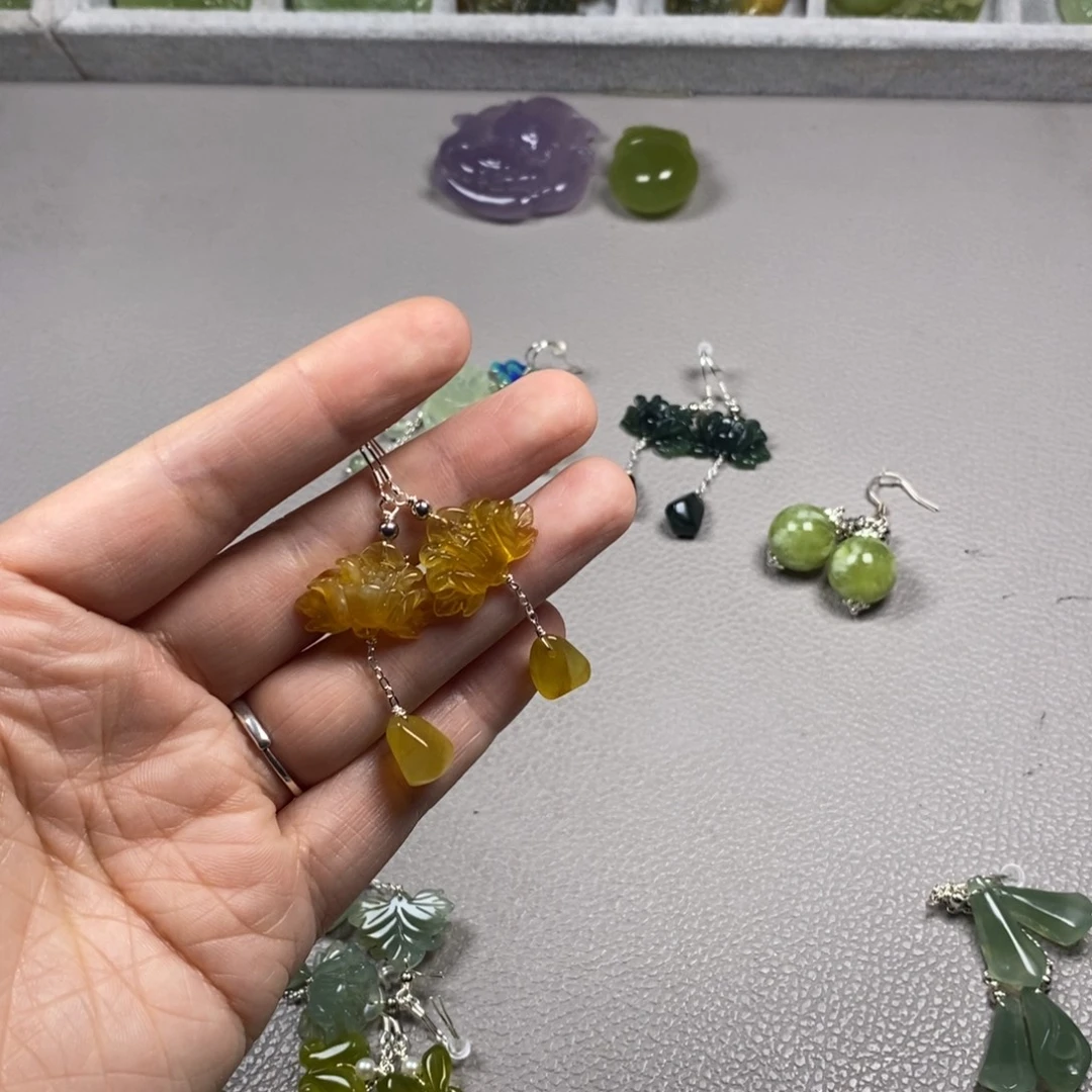 蛇纹石玉银S925镶嵌挂件耳饰耳环项链