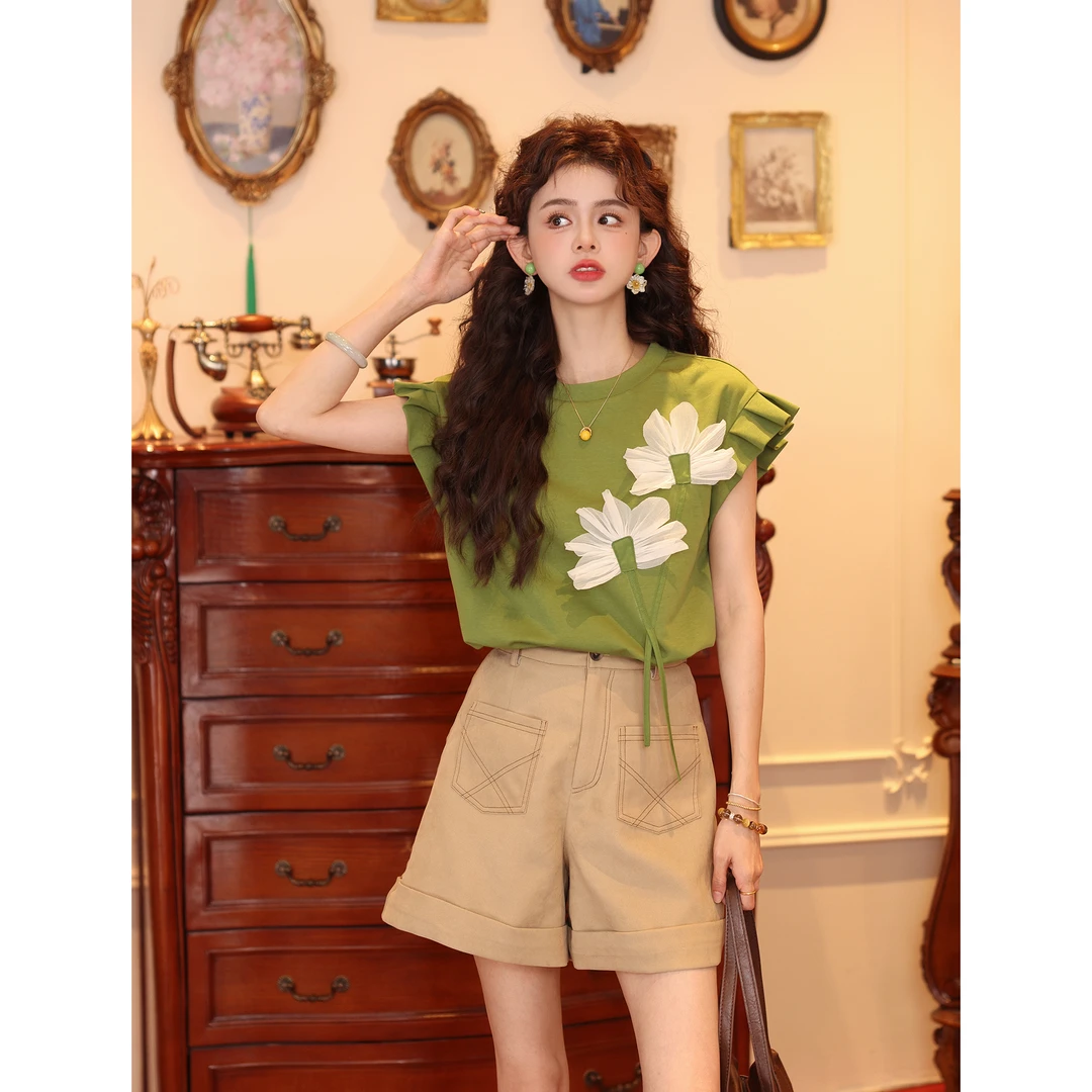 陈大器【绿洲】复古立体装饰短袖设计T恤夏季休闲宽松上衣JE0706448