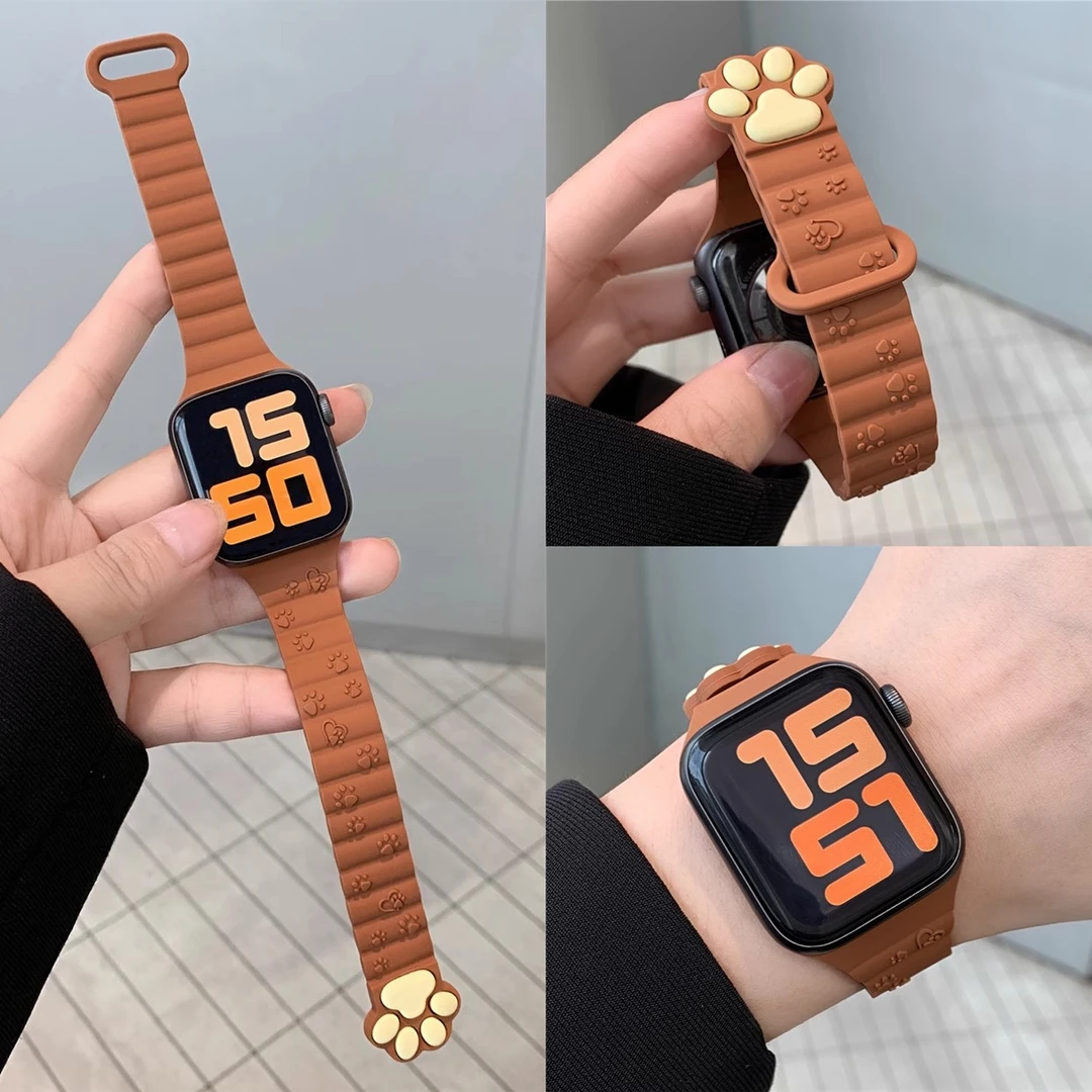 适用苹果手表s10新款可爱小猫爪iwatchS9磁吸S8硅胶SE表带Ultra