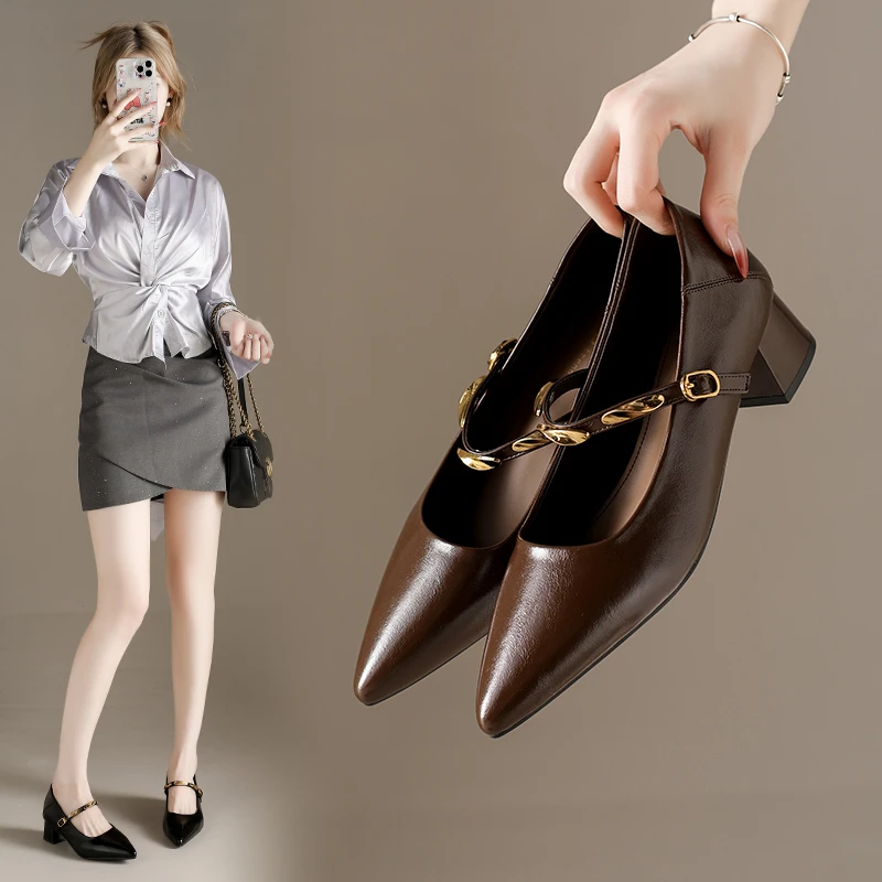 粗跟尖头秋季漆皮法式浅口单鞋春季女鞋中跟跟鞋