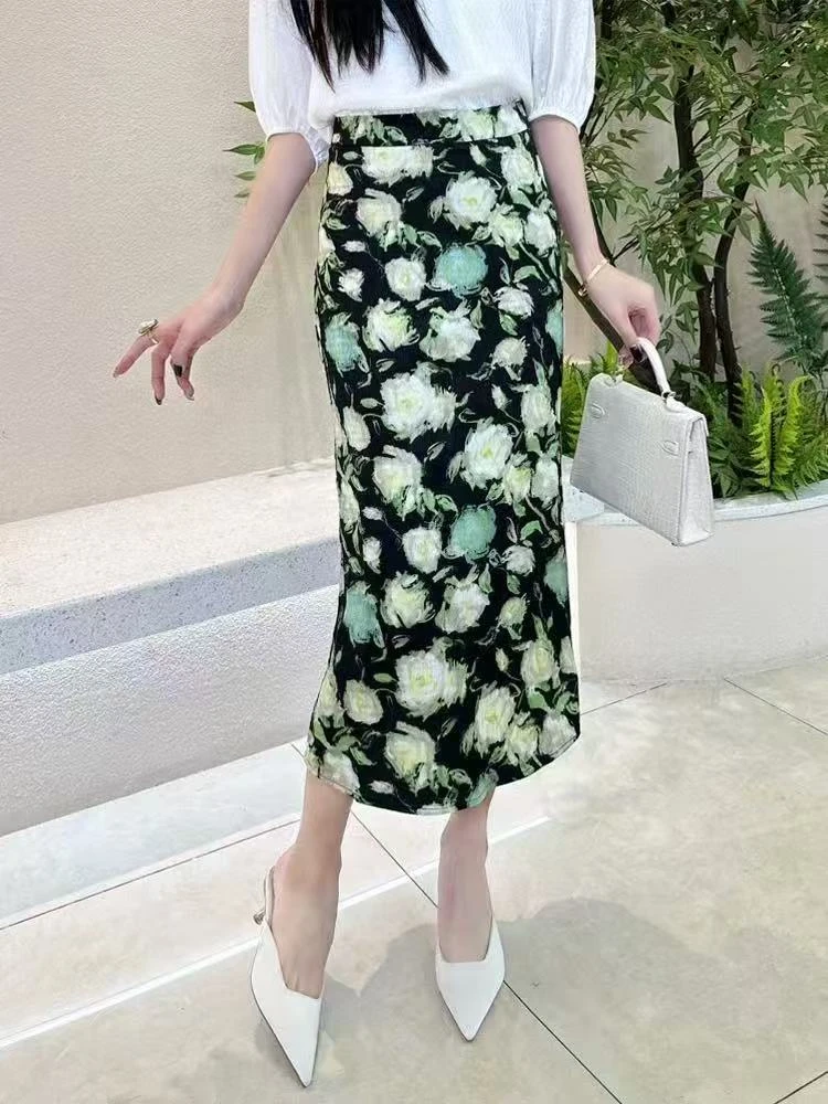 1788235{裙长88}缎面鱼尾裙半身裙夏季薄款高腰修身包臀a字长裙子