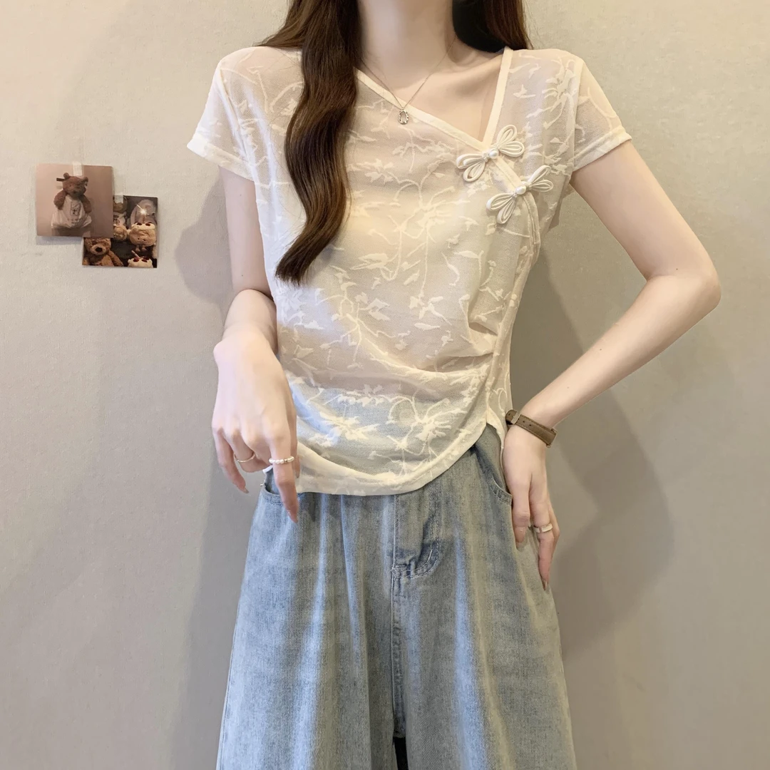 淳启不规则白色雪纺卡腰小衫短款洋气大码V领正肩短袖T恤女夏胖mm