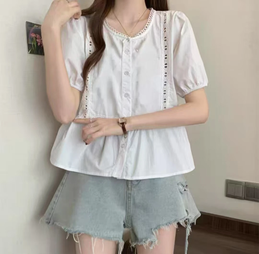 2573圆领夏季短袖T恤法式衬衫娃娃领衬衣泡泡袖上衣小衫