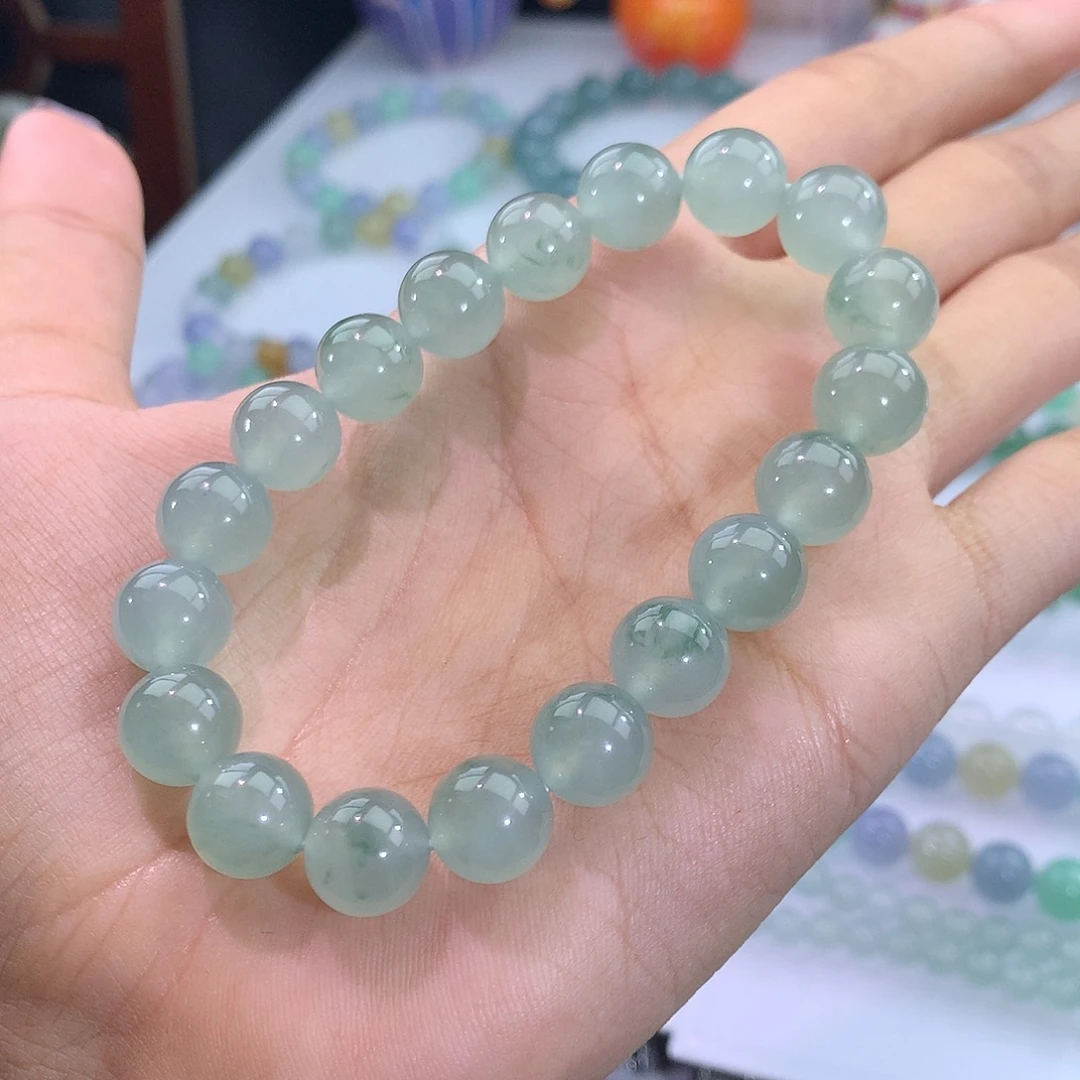 翡翠未镶嵌手链46号 冰晴绿飘花手串