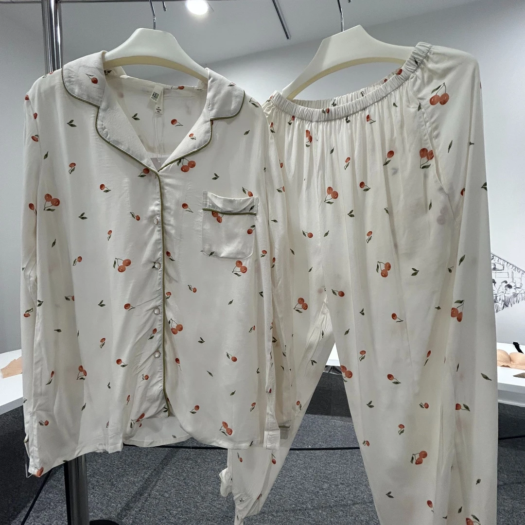 小翻领撞色线条樱桃印花长袖睡衣1446-1