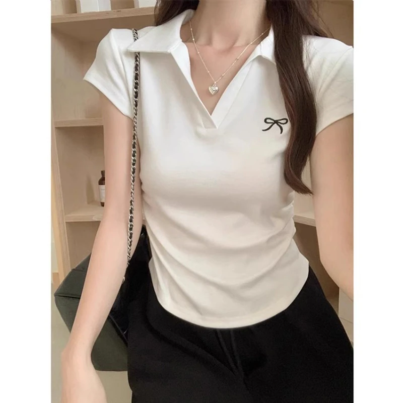 6160#官图【210克纯棉螺纹】polo领收腰正肩短袖T恤女夏季短款上衣